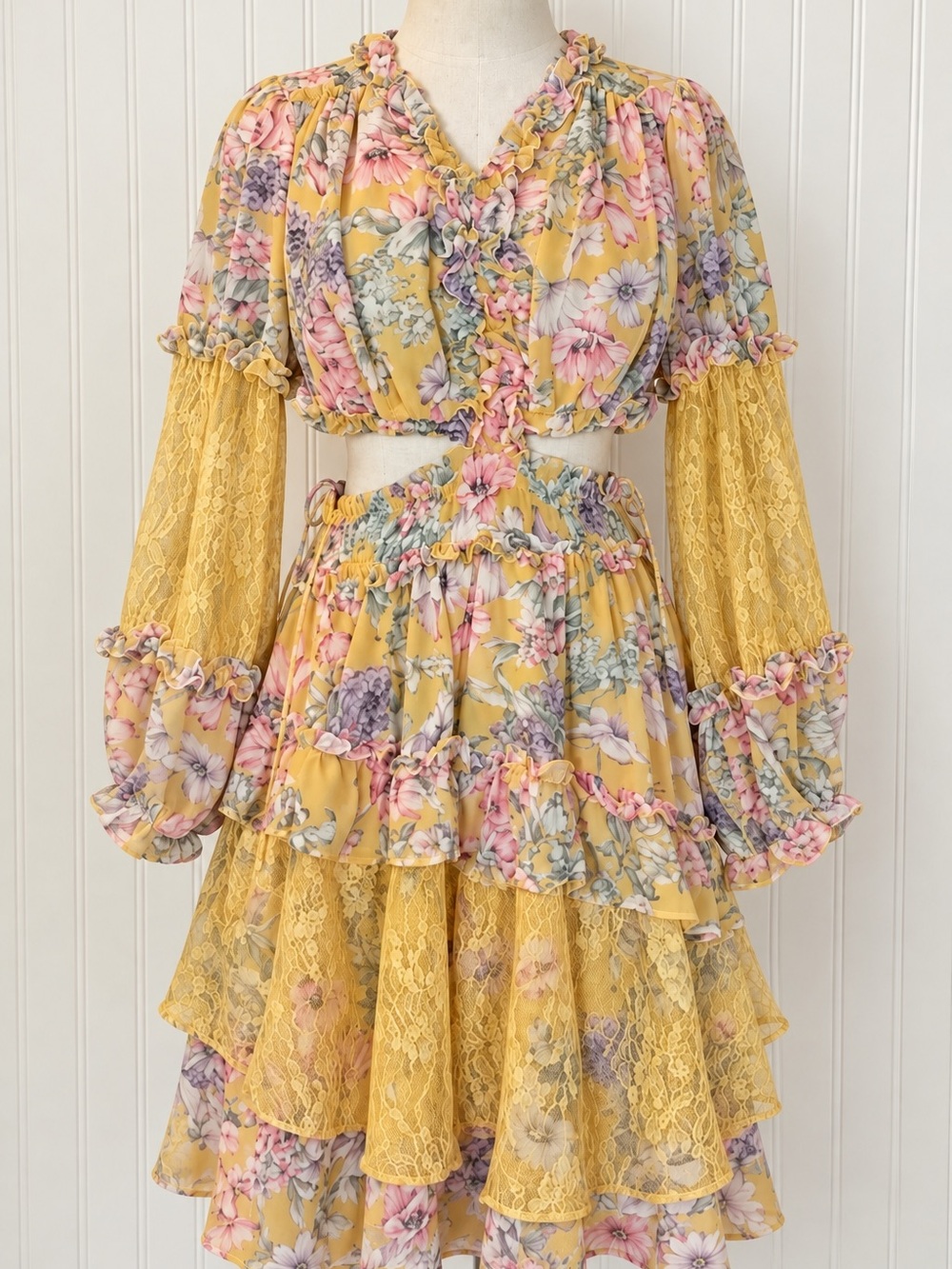 Yellow Floral Lace-Tiered Long Sleeve Maxi Dress